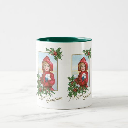 Glückliches Weihnachtsmädchen mit Schneebällen Zweifarbige Tasse (Mittel)