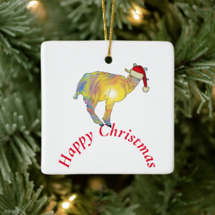 Glückliches Weihnachtsziege in Santa-Hut  Keramikornament