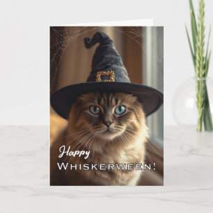 Glückliches Whiskerween mit Halloween-Hexenkatze Karte