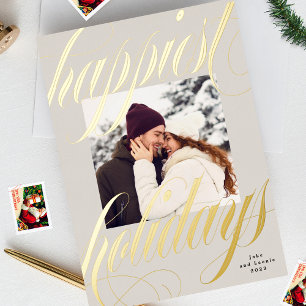glücklichste Weihnachts-Kalligrafie ein Foto beige Folien Feiertagskarte