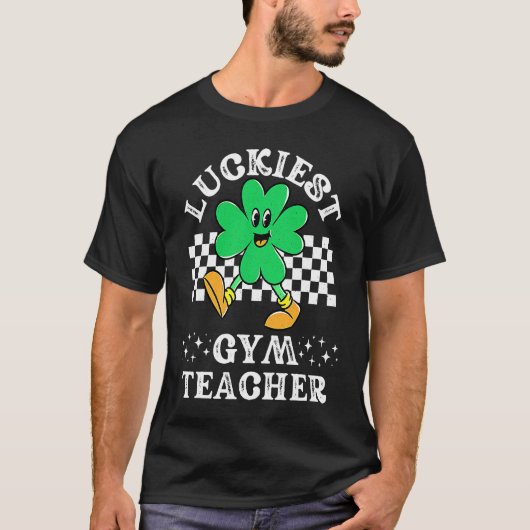 Glücklichster Gym Lehrer Retro Checkered Kleeblatt T-Shirt (Vorderseite)