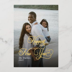 Glücklichstes Neujahr Elegant Script Familie 4 Fot Folien Feiertagskarte