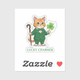 Glücksbringer-Katze mit Shillelagh und Kleeblatt Aufkleber