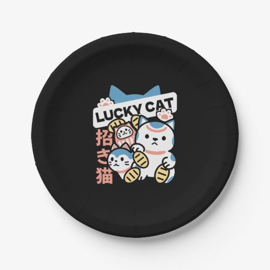 Glückskatze-Kunst – Maneki Neko mit Goldmünze Pappteller (Vorderseite)