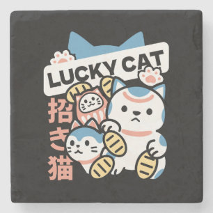 Glückskatze-Kunst – Maneki Neko mit Goldmünze Steinuntersetzer