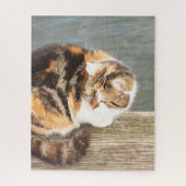 Glückskatze, mehrspurig auf einem Brett am Wasser Puzzle (Vertikal)