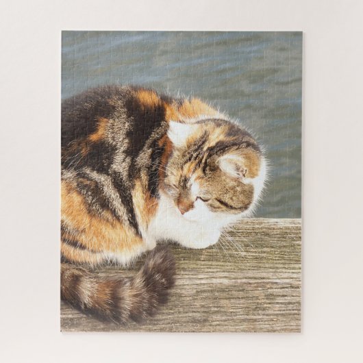 Glückskatze, mehrspurig auf einem Brett am Wasser Puzzle (Vertikal)