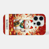 Glückskatze mit Goldmünzen auf rotem Monogramm iPhone Hülle (Rückseite (Horizontal))