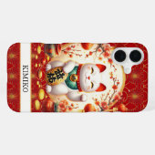 Glückskatze mit Goldmünzen auf rotem Monogramm iPhone Hülle (Rückseite (Horizontal))