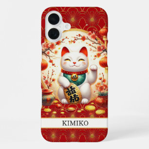 Glückskatze mit Goldmünzen auf rotem Monogramm iPhone 16 Plus Hülle