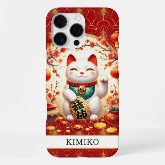 Glückskatze mit Goldmünzen auf rotem Monogramm iPhone Hülle (Rückseite)