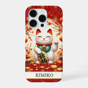 Glückskatze mit Goldmünzen auf rotem Monogramm iPhone 16 Pro Hülle