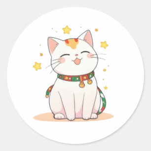 Glückskatze mit Sternen Kawaii Design Runder Aufkleber