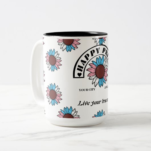 Glückspilz für LGBTQ: Sonnenblume in Transgender-F Zweifarbige Tasse (Vorderseite Links)