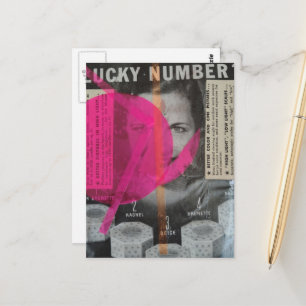 Glückszahl Retro-Dame Mixed-Media-Collage Postkarte