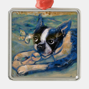 Glücktribut Bostons Terrier Silbernes Ornament