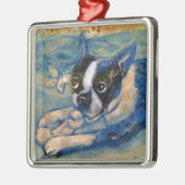 Glücktribut Bostons Terrier Silbernes Ornament (Links)