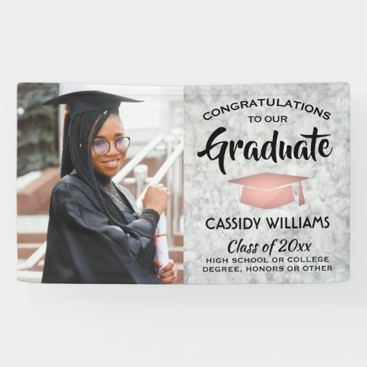 Glückwunsch 1 Foto Marmor Rosa Rose Gold Abschluss Banner (Horizontal)