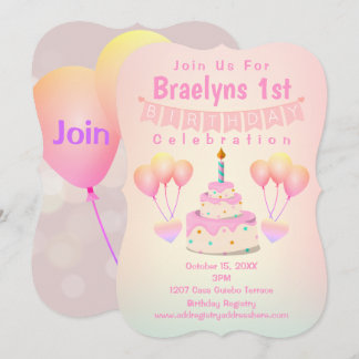 Glückwunsch 1. Geburtstag Kuchen & Balloons Einladung