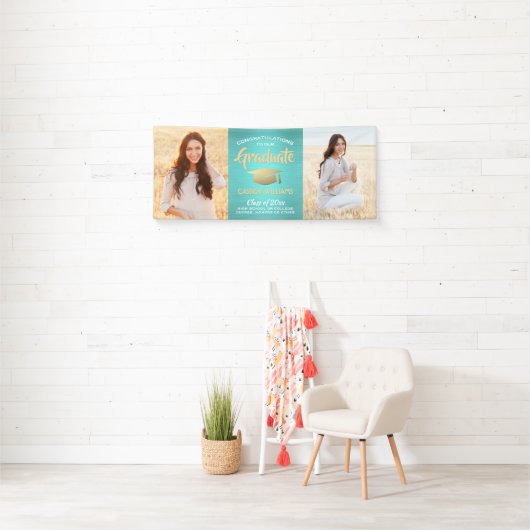 Glückwunsch 2 Foto Aquamarin Blue Gold Brushed Abs Banner (Insitu)