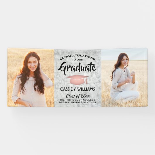 Glückwunsch 2 Foto Marmor Rosa Rose Gold Abschluss Banner (Horizontal)