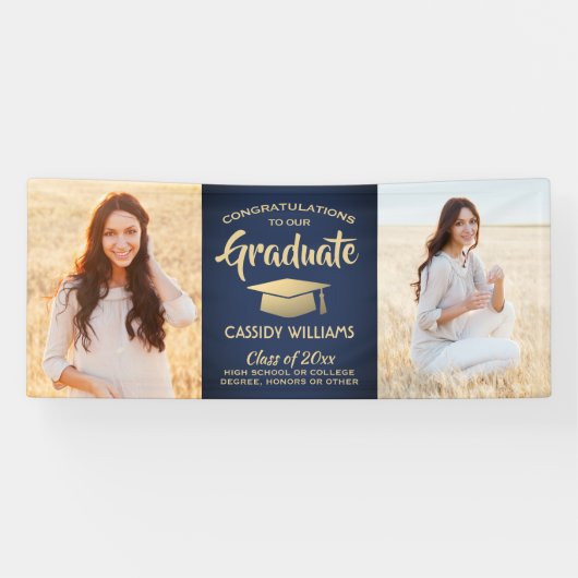 Glückwunsch 2 Foto Navy Blue Gold Moderner Abschlu Banner (Horizontal)