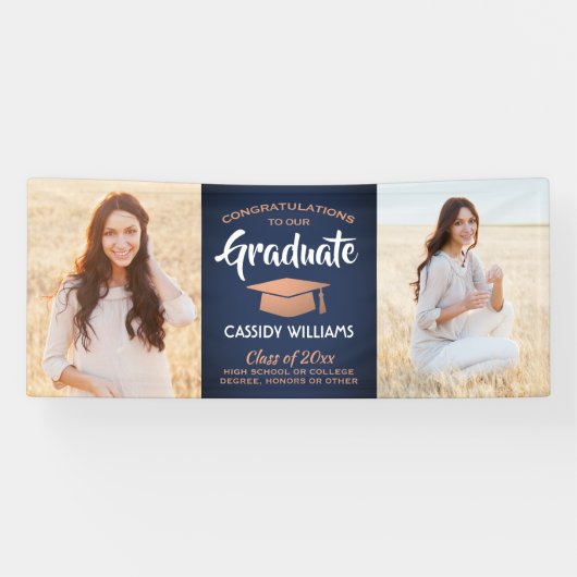 Glückwunsch 2 Foto Navy Blue White Copper Abschlus Banner (Horizontal)