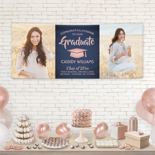 Glückwunsch 2 Foto Navy & Pink Rose Gold Abschluss Banner