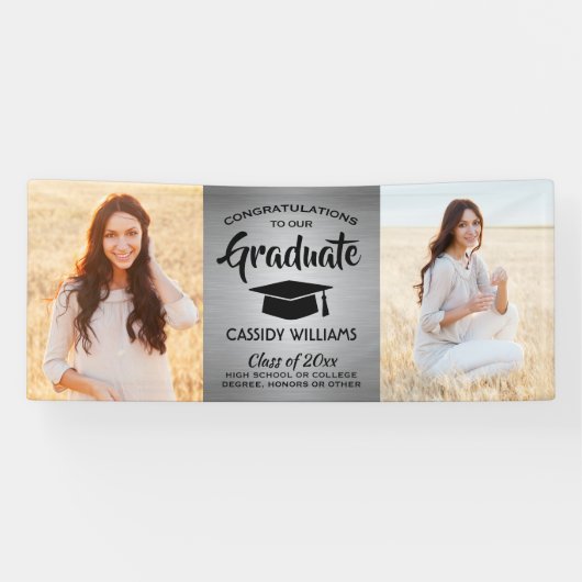 Glückwunsch 2 Foto Silver & Black Moderner Abschlu Banner (Horizontal)