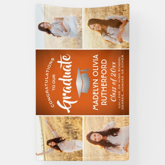 Glückwunsch 4 Foto Orange White & Silver Abschluss Banner (Vertikal)