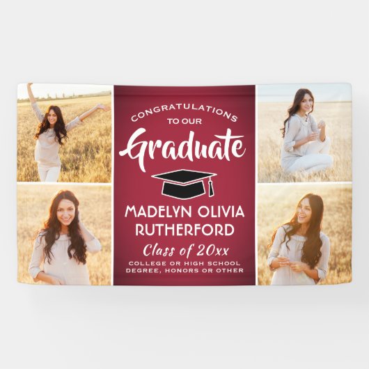 Glückwunsch 4 Foto Rot Schwarz/Weiß Abschluss Banner (Horizontal)