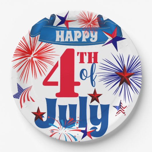 Glückwunsch 4. Juli Feuerwerke & Sterne Pappteller (Vorderseite)