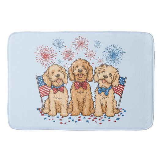 Glückwunsch 4. Juli Goldendoodle Hunde Feuerwerk Badematte (Vorderseite)
