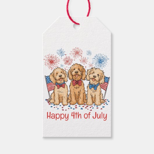 Glückwunsch 4. Juli Goldendoodle Hunde Feuerwerk Geschenkanhänger (Vorderseite)
