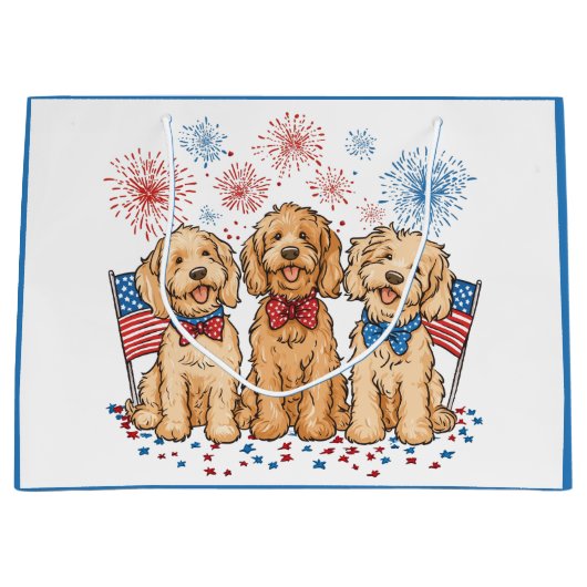 Glückwunsch 4. Juli Goldendoodle Hunde Feuerwerk Große Geschenktüte (Vorderseite)