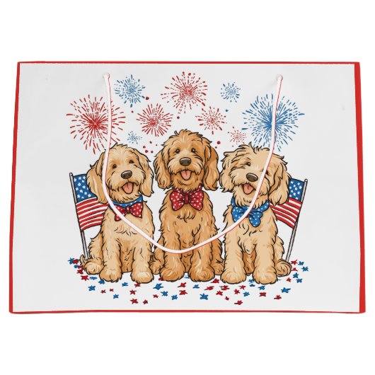 Glückwunsch 4. Juli Goldendoodle Hunde Feuerwerk Große Geschenktüte (Vorderseite)