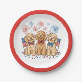 Glückwunsch 4. Juli Goldendoodle Hunde Feuerwerk Pappteller