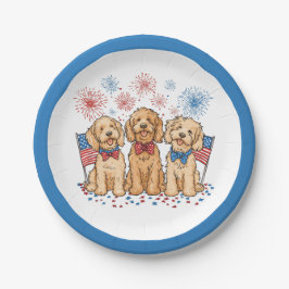 Glückwunsch 4. Juli Goldendoodle Hunde Feuerwerk Pappteller