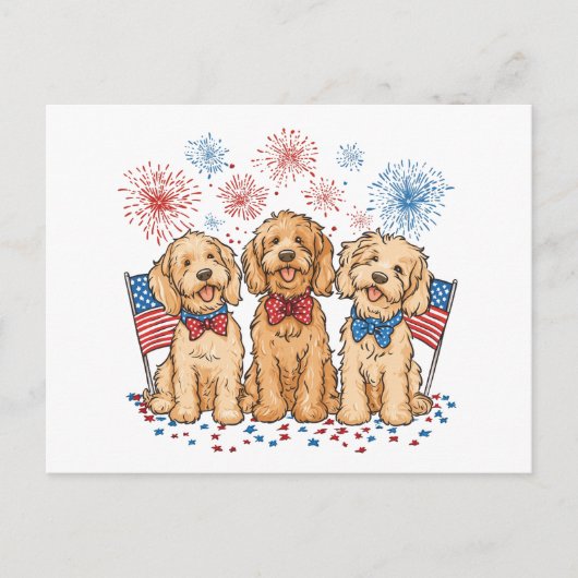 Glückwunsch 4. Juli Goldendoodle Hunde Feuerwerk Postkarte (Vorderseite)