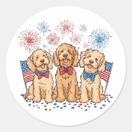Glückwunsch 4. Juli Goldendoodle Hunde Feuerwerk Runder Aufkleber (Vorderseite)
