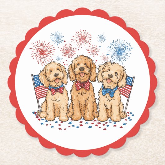 Glückwunsch 4. Juli Goldendoodle Hunde Feuerwerk Untersetzer (Vorderseite)