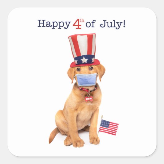 Glückwunsch 4. Juli Niedliche Welpe in Face Mask Quadratischer Aufkleber (Vorderseite)