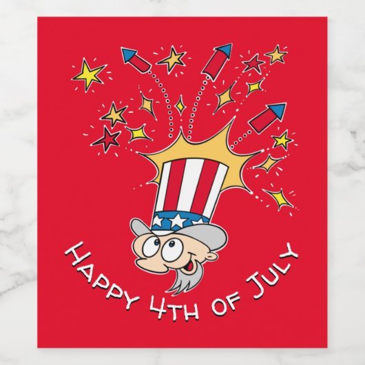 Glückwunsch 4. Juli Uncle Sam Fireworks Cartoon We Weinetikett (Einzelnes Label)