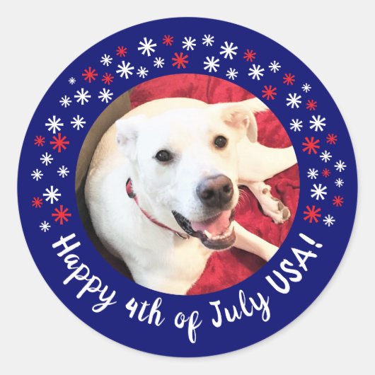 Glückwunsch 4. Juli USA Funny Smiling Dog Foto Runder Aufkleber (Vorderseite)