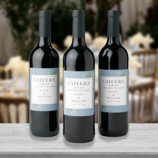 Glückwunsch an Herrn und Frau Greenery Dusty Blue Weinetikett