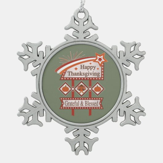 Glückwunsch Danksagend und gesegnet Retro-Zeichen Schneeflocken Zinn-Ornament (Vorderseite)