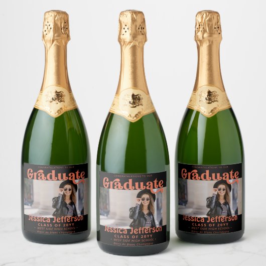 Glückwunsch der Graduiertengruppe Foto Orange Schaumweinetikett (Flaschen)