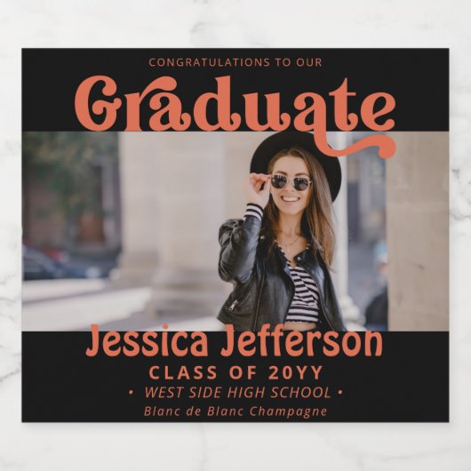 Glückwunsch der Graduiertengruppe Foto Orange Schaumweinetikett (Einzelnes Label)