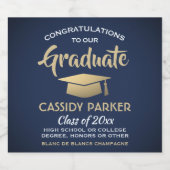 Glückwunsch der Graduierungspartei Navy Blue Gold  Schaumweinetikett (Einzelnes Label)