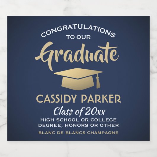 Glückwunsch der Graduierungspartei Navy Blue Gold  Schaumweinetikett (Einzelnes Label)